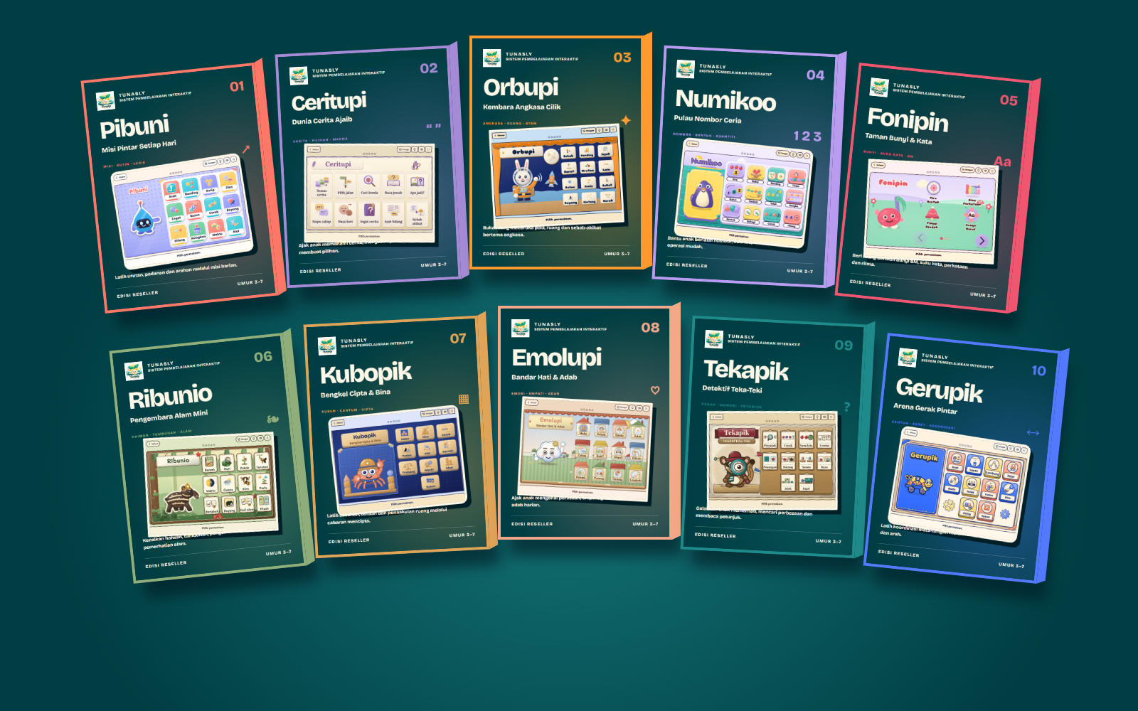 Master ecover katalog Tunasly dengan 10 kotak sistem beridentiti berbeza