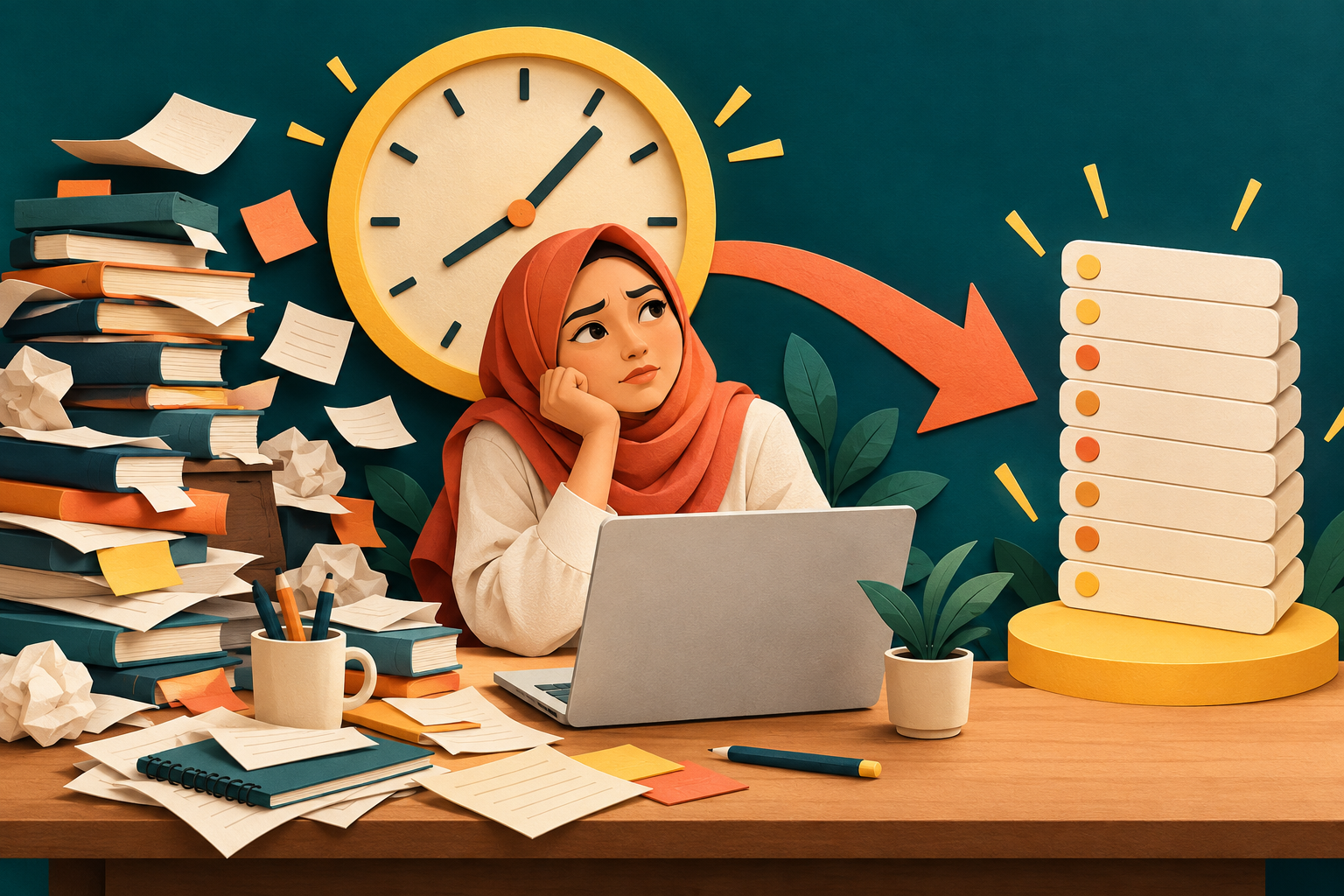 Ilustrasi seorang bakal reseller dengan timbunan rancangan, jam dan laluan ke katalog sistem digital