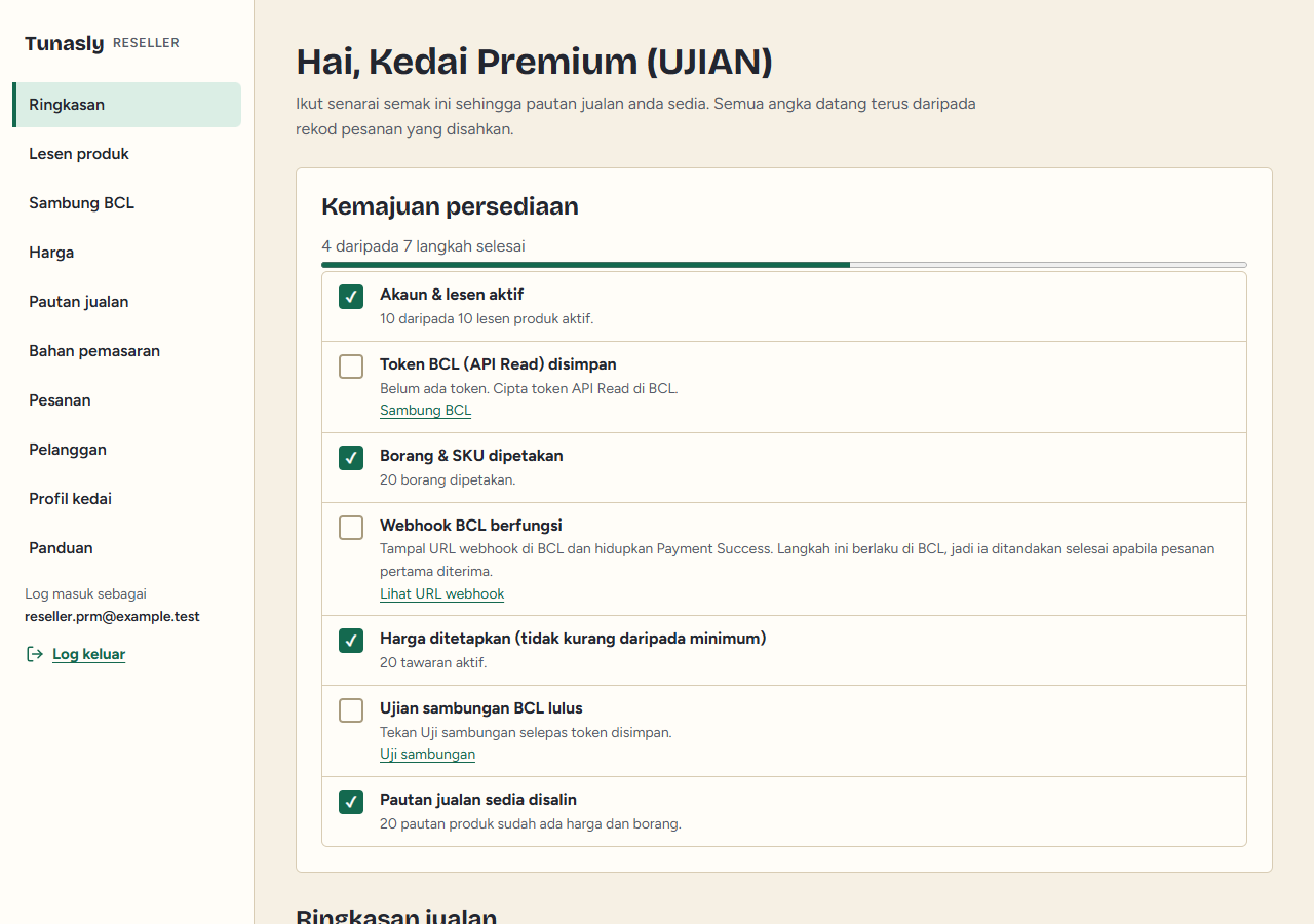Dashboard reseller sebenar dengan checklist persediaan dan 10 lesen aktif dalam akaun ujian