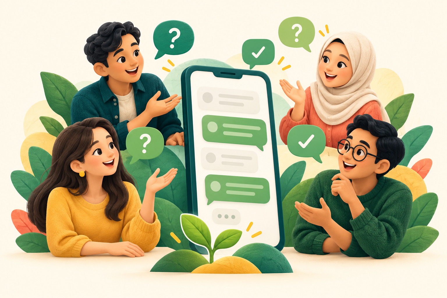Ilustrasi komuniti reseller yang mesra sedang bertanya dan berbincang melalui chat terbuka